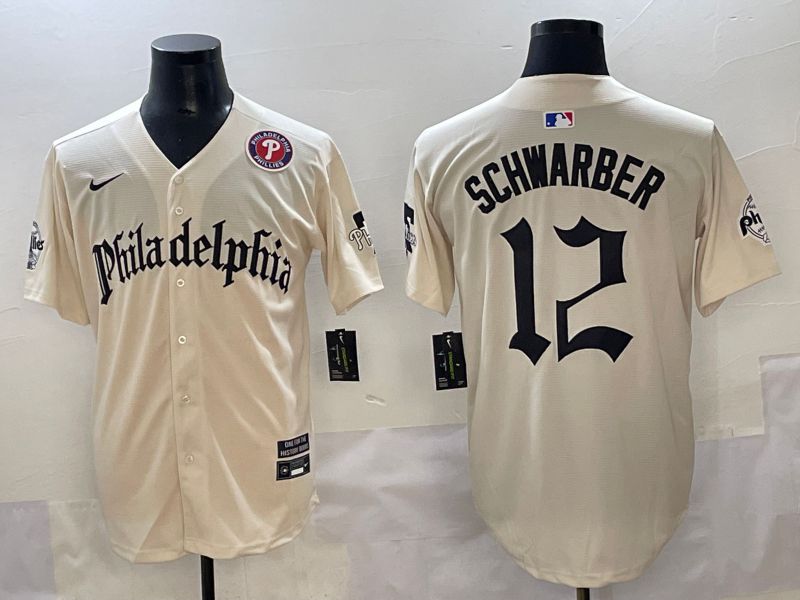 Men 2025 Philadelphia Phillies #12 Schwarber Cream Five generations Joint Name Nike MLB Jersey style 6